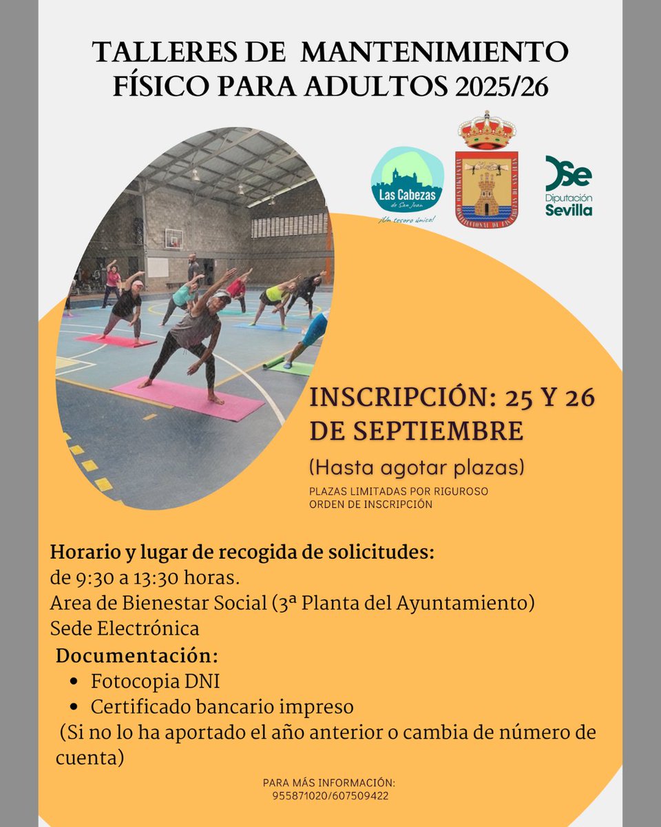 ✨💪 Ya están abiertas las inscripciones para los Talleres de Mantenimiento Físico para Adultos 2025/26 🏋️‍♀️🤸‍♂️

📅 25 y 26 de septiembre (hasta agotar plazas)
🕘 de 9:30 a 13:30 h
📍Área de Bienestar Social (3ª planta del Ayuntamiento) o Sede Electrónica