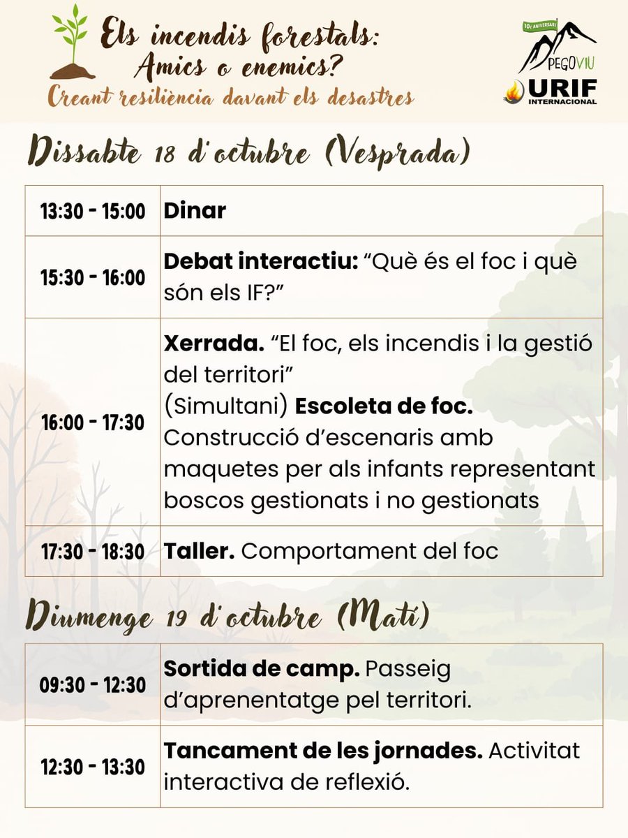 🔥 Els incendis forestals: amics o enemics?
Els pròxims 18 i 19 d’octubre a la Vall d’Ebo tenim una cita per descobrir-ho!

Seran dos dies plens d’experiències. No t’ho penses i vine!💚  

⏳Inscripcions obertes fins al 10 d’octubre docs.google.com/forms/d/e/1FAI…

<a href="/URIF_IIFF/">URIF INTERNACIONAL</a> <a href="/pego_viu/">Pego Viu</a>