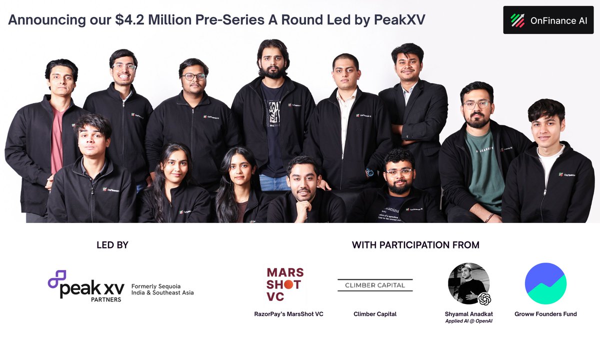 Thrilled to share that OnFinance AI has raised $4.2M (~₹37 Cr) in pre-Series A, led by <a href="/peakxvpartners/">Peak XV Partners</a> (fka Sequoia India &amp; SEA) with participation from <a href="/_groww/">Groww</a> Founders’ Fund, <a href="/MarsShotVC/">Mars Shot VC</a>, Climber Capital, <a href="/shyamalanadkat/">shyamal</a> (OpenAI), and existing backers IAN &amp; SNV. 

This is more