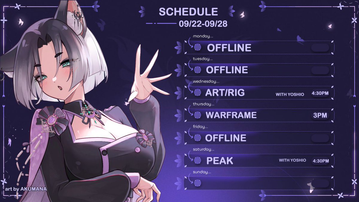Weekly schedule!!
This will be my latest schedule before the break.
I’ll take a break from 09/29 to 10/06!
I need time for myself and for recharge my energy !
See yaaa