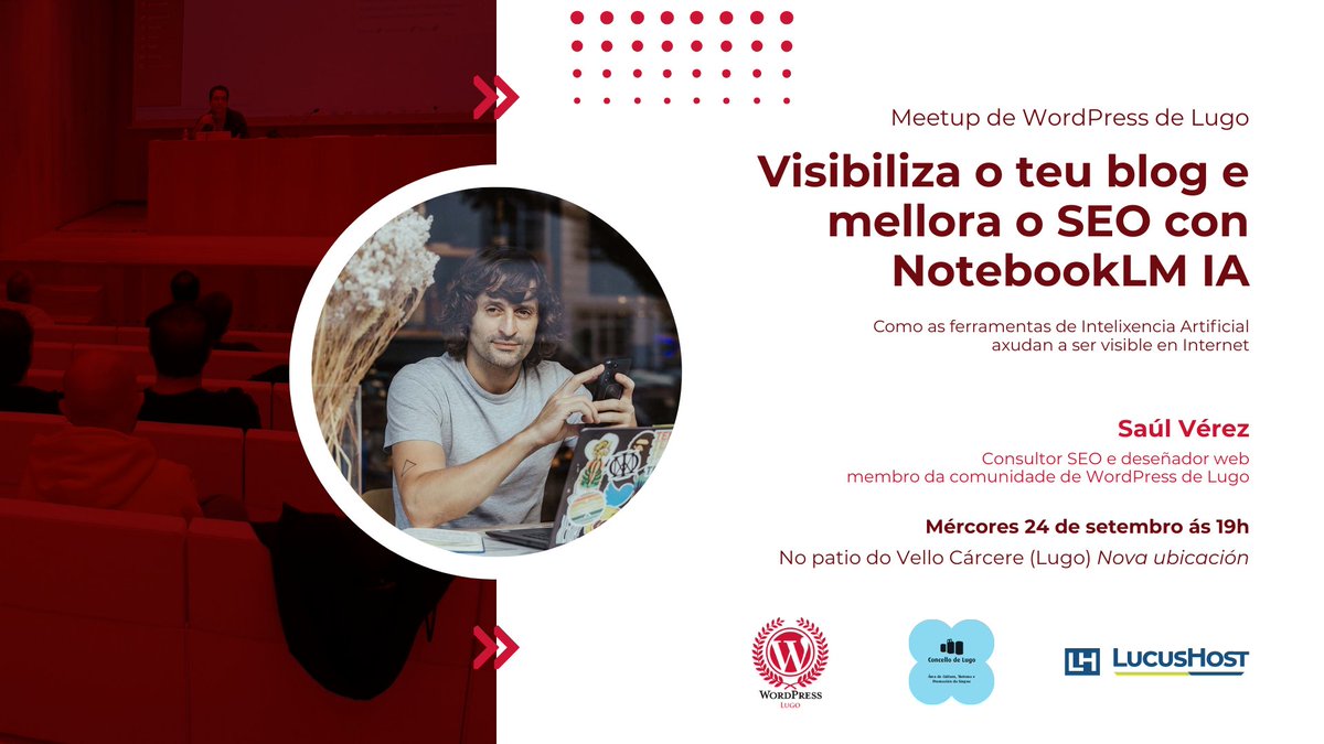 🔴 Visibiliza o teu blog e mellora o SEO con NotebookLM IA.

E o SEO xa non é só poñer catro palabras clave en letra grosa. É saber contar ben as cousas.

Contámosche como mellorar na próxima Meetup de WordPress de Lugo. Mércores 24 - 19h.

Toda a info 👇
wplugo.eu/evento/visibil…