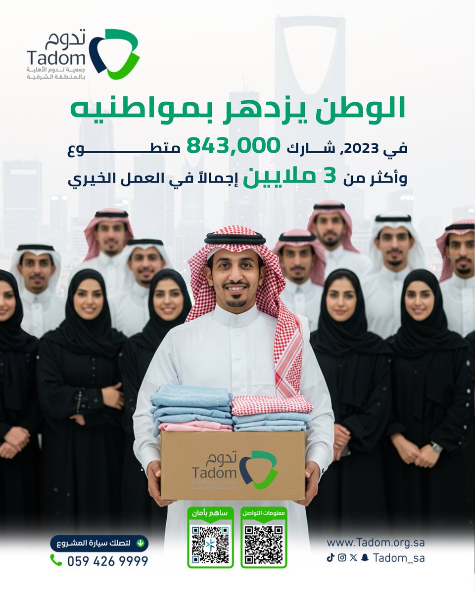 الوطن يزدهر بأبنائه 💚
في عام 2023 شارك أكثر من 843 ألف متطوع وأسهم أكثر من 3 ملايين إنسان في العمل الخيري 🇸🇦
معًا نصنع الأثر.. ومعًا يعلو الوطن