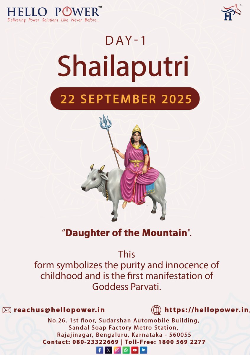HelloPower2025's tweet image. Day 1 – Shailaputri
The journey of strength begins with devotion. On this first day, embrace the power within and rise with grace.

#HelloPower #NavaratriDay1 #Shailaputri #PowerOfDevi #Navratri2025 #Day1Navratri