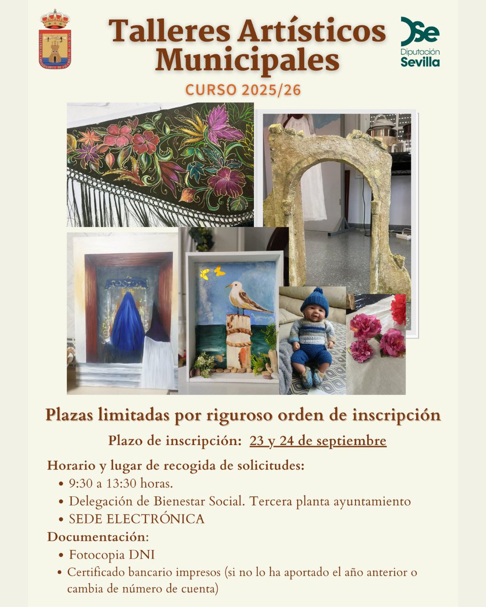 🎨✨ ¡Vuelven los Talleres Artísticos Municipales! ✨🎨
Curso 2025/26

👉 Plazas limitadas por riguroso orden de inscripción.
📅 Inscripción: 23 y 24 de septiembre
🕘 Horario: de 9:30 a 13:30 h
📍 Delegación de Bienestar Social (3ª planta del ayuntamiento) o en sede electrónica