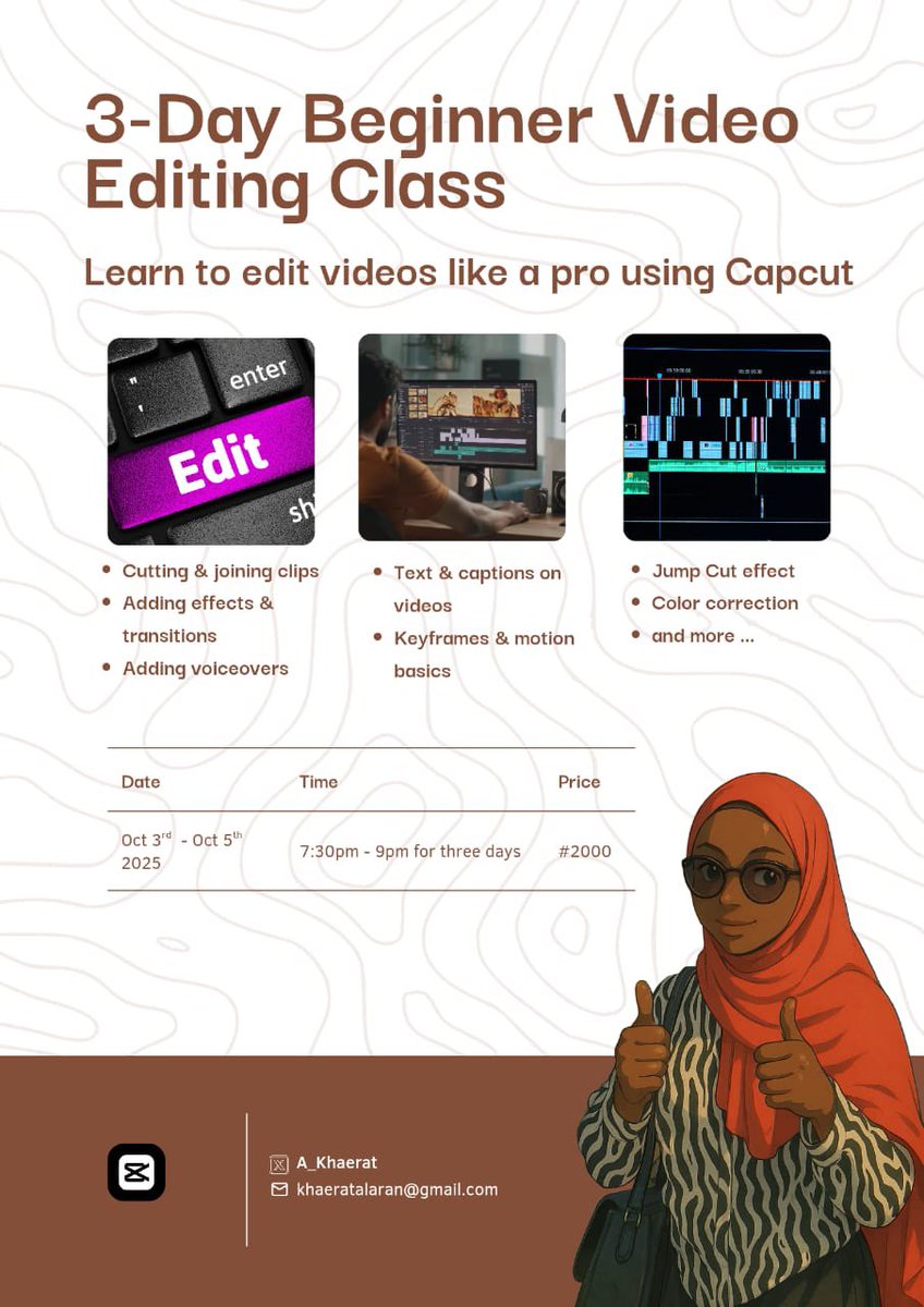 My 3-day video editing class is here 🎉

We’ll be learning everything from color grading to key frames and many more. 

Register  here ; nestuge.com/vtckdysda . P.S: there’s a fee attached.