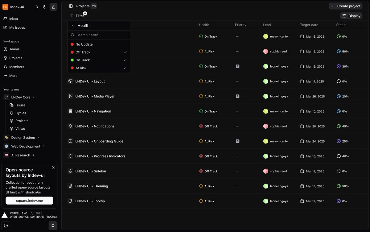 ln_dev7's tweet photo. Open-source template for your management projects.  

Features filters for Projects and Members pages.  

GitHub : https://t.co/BQNravXTmG https://t.co/5zyafjaTFs