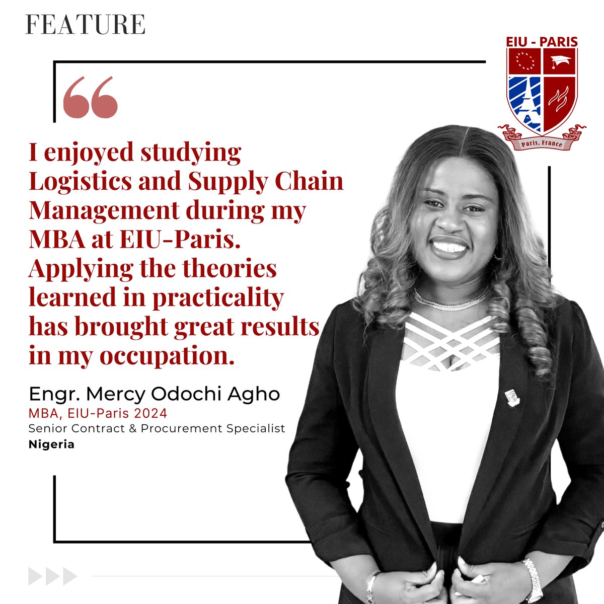 “My MBA in Logistics &amp; Supply Chain Management from EIU-Paris gave me the expertise and global perspective.” 𝙀𝙣𝙜𝙧. 𝙈𝙚𝙧𝙘𝙮 𝙊𝙙𝙤𝙘𝙝𝙞 𝘼𝙜𝙝𝙤
Read more about her story📷 blog.eiu.ac/.../from-niger…
Contact us to be a part of EIU Family!
eiu.ac/lead_form/
#mba #Paris