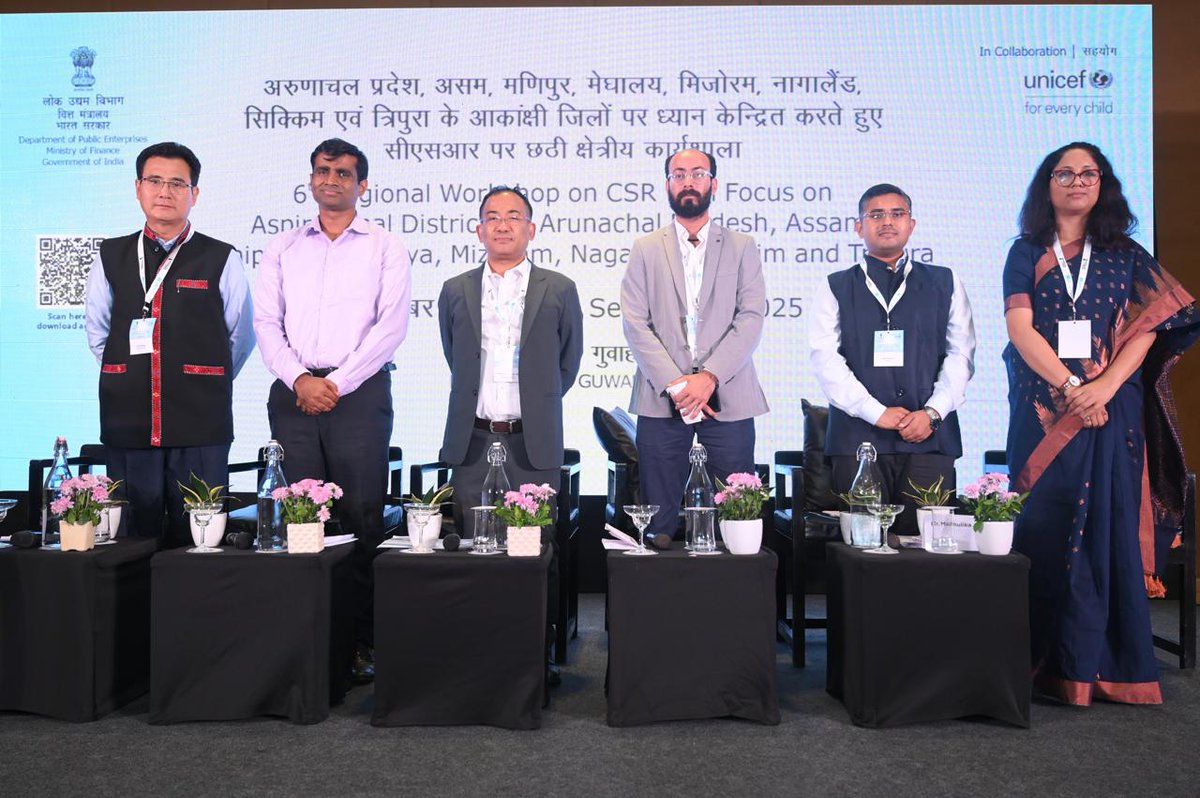 DPE_GoI's tweet image. DPE and @UNICEFIndia organised the 6th #CSR Regional workshop on 19th September, 2025 at Guwahati focusing on the #AspirationalDistricts of Arunachal Pradesh, Assam, Manipur, Meghalaya, Mizoram, Nagaland, Sikkim and Tripura. This workshop brought together more than 110 delegates…