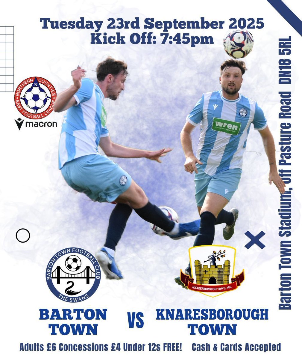 This week sees the Swans at home again after their weekend win in the FA Vase.
It's back to Macron <a href="/NCEL/">Macron NCEL</a> action Tuesday evening when the visitors are Knaresborough Town @knaresboroughfc