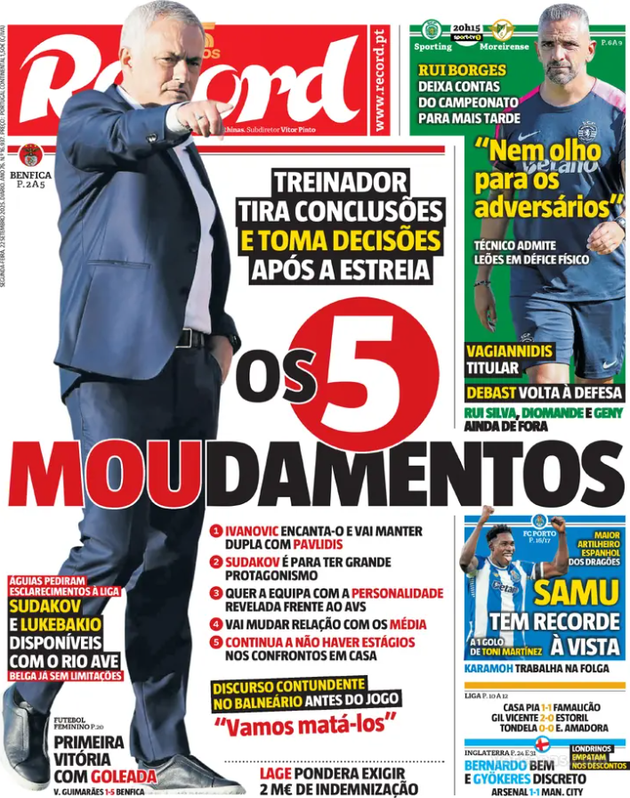 ActuSportsPT's tweet photo. Revue de presse du jour :

🔴 Benfica — Mourinho cherche la paix avec les fans.
🟢 Sporting — Retours clés dans le onze.
🔵 Porto — Muraille bleue en défense.
🏆 Coupe — Portimonense SC et Resende surprennent.
⚪ Gil Vicente — Troisième place provisoire en attendant le Sporting. https://t.co/cdGEzK91Vp