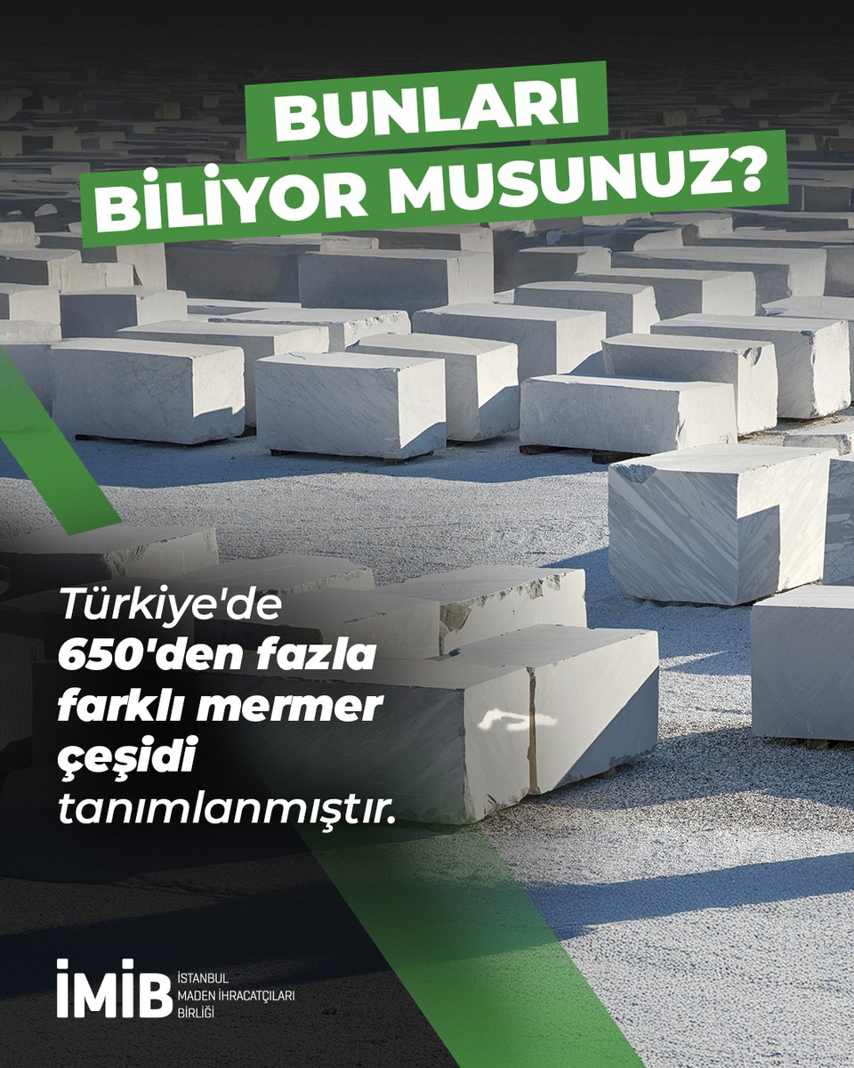 twimib's tweet image. MTA (Maden Tetkik ve Arama Genel Müdürlüğü) tarafından yapılan araştırmalara göre, Türkiye genelinde 650’nin üzerinde farklı mermer çeşidi tanımlanmıştır.

Bu çeşitlilik, Türk mermerini dünya pazarında estetik ve kalite açısından ayrıcalıklı bir konuma taşımaktadır.

#İMİB