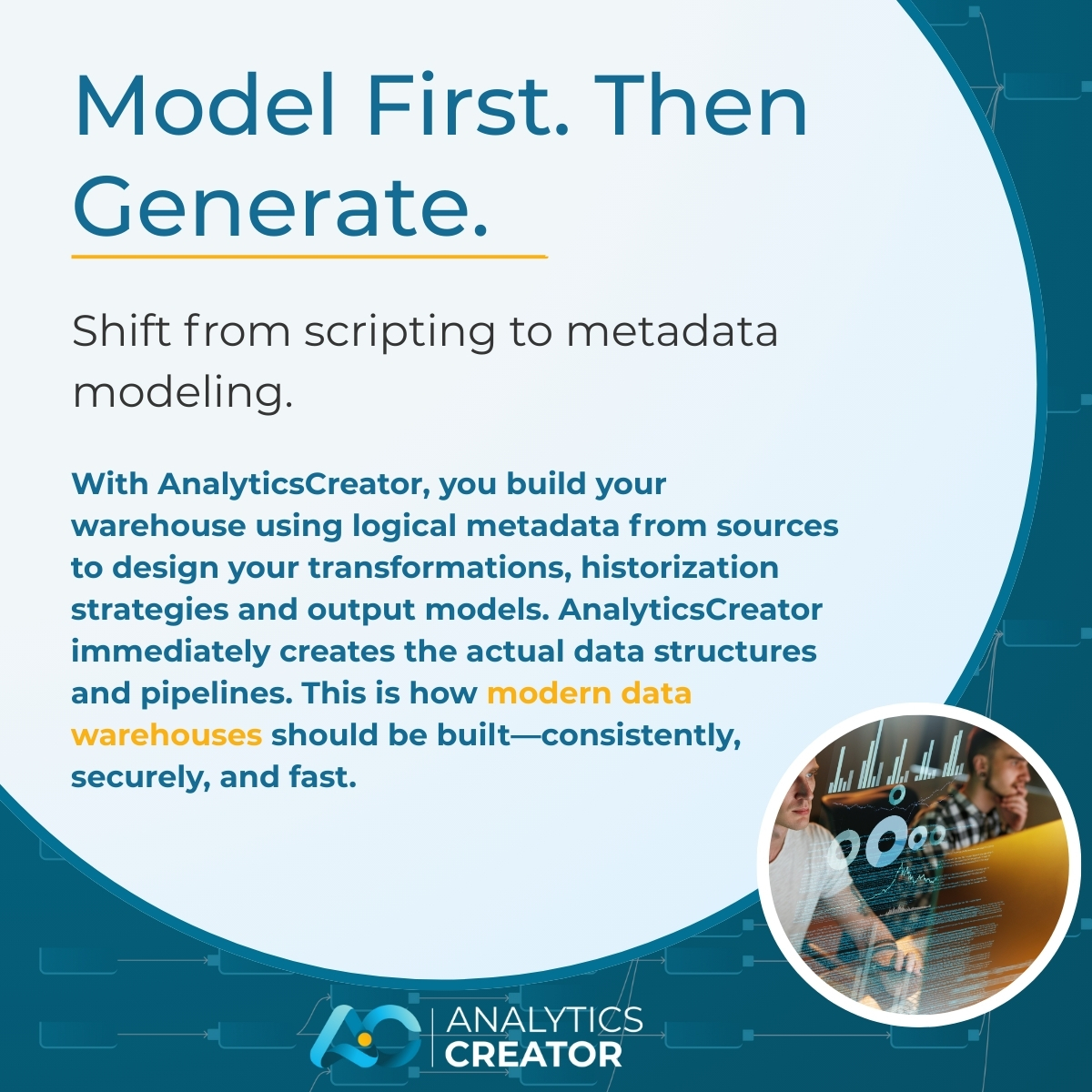 AnalyticsCreato's tweet image. Model First / Then Generate.
Shift from scripting to metadata modeling.
This is how modern data warehouses should be built—consistently, securely, and fast.
#ModelFirst #MetadataDriven #EnterpriseData