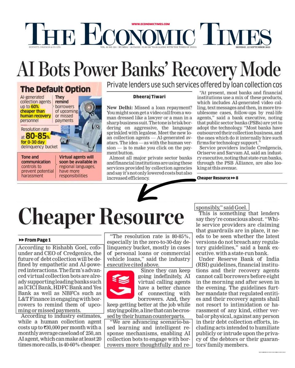 Credgenics (@credgenics) on Twitter photo In a recent <a href="/EconomicTimes/">Economic Times</a> feature, <a href="/RishabhGoel_CG/">Rishabh Goel</a>, Co-founder & CEO of Credgenics, explained how AI-powered agents are revolutionizing debt collection with empathetic interactions.
Read the article: economictimes.indiatimes.com/.../124032371.โฆ
#loancollections #fintech #nbfc #banks #bfsi #tech In a recent <a href="/EconomicTimes/">Economic Times</a> feature, <a href="/RishabhGoel_CG/">Rishabh Goel</a>, Co-founder & CEO of Credgenics, explained how AI-powered agents are revolutionizing debt collection with empathetic interactions.
Read the article: economictimes.indiatimes.com/.../124032371.โฆ
#loancollections #fintech #nbfc #banks #bfsi #tech