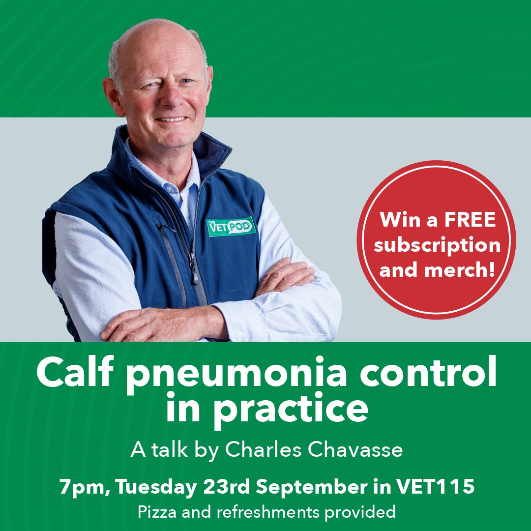 Calling all UCD vet and vet nurse students! 🐄🐾
Join us for The Vet Pod Talk hosted by Charles Chavasse tomorrow night 23rd Sept 7pm in VET115.
📌 Topic: Calf Pneumonia Control in Practice
🍕 Free pizza &amp; refreshments
🎁 Win a Vet Pod subscription + exclusive merch!
 <a href="/ucdvetsoc/">ucdvetsoc</a>