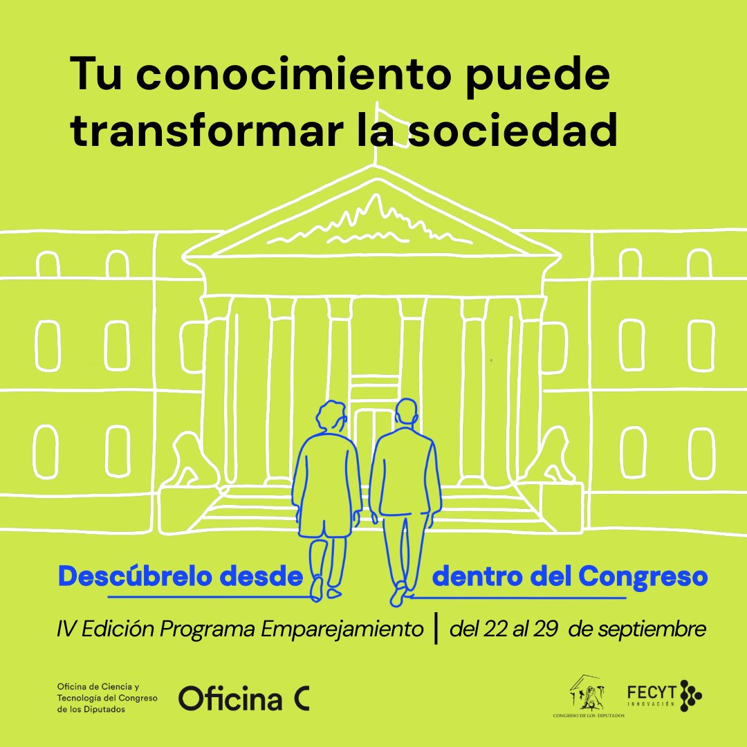 🔬🏛¿Quieres ver cómo tu ciencia puede aportar a la política?

📝 Preséntate al programa de emparejamiento de la #OficinaC y pasa tres días en el <a href="/Congreso_Es/">Congreso</a> acompañando a diputados y conoce la tarea parlamentaria de primera mano.

🗓Hasta el 29/09.

➕oficinac.es/es/actividades…