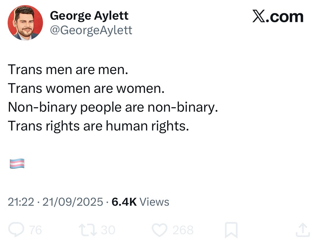 Some ppl still posting this in 2025 🥴

Hey <a href="/GeorgeAylett/">George Aylett</a> 

‘Transmen’ are women
‘Transwomen’ are men
‘Non-binary’ people are still male or female
‘Trans rights’ is a ruse for the political erasure of sex mostly at the behest of fetishistic men and the pharmaceutical industry