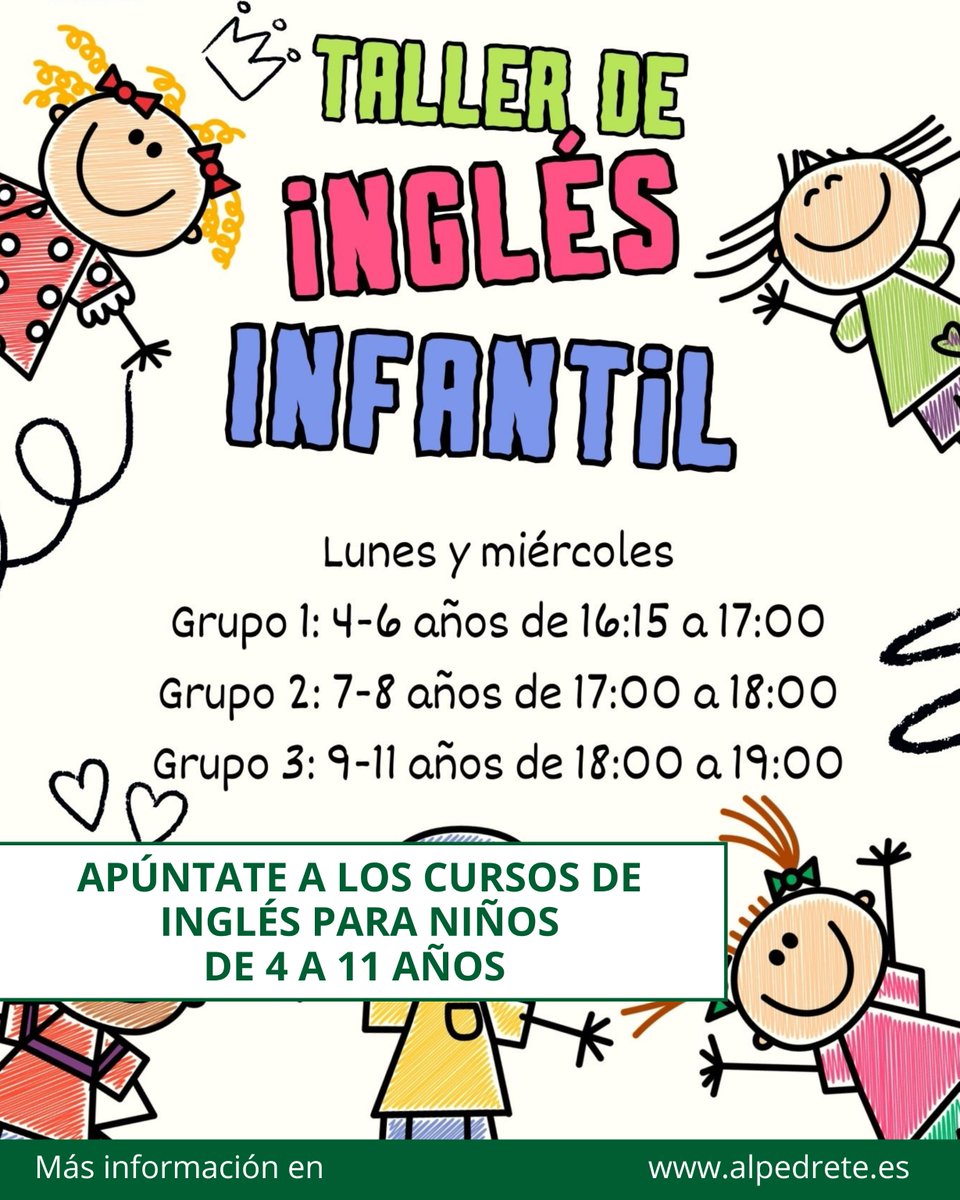 🇬🇧¿Quieres que tus hijos avancen en su futuro aprendiendo inglés?

😲Aún quedan plazas en los cursos de inglés para niños entre 4 y 11 años. El objetivo es que puedan reforzar y aprender un idioma tan importante para su futuro. 

➕Los cursos están específicamente dirigidos