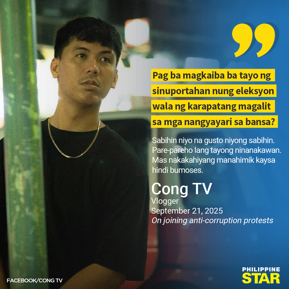 PhilippineStar's tweet image. ‘PARE-PAREHO LANG TAYONG NINANAKAWAN’

Content creator Cong Velasquez, better known as Cong TV, took to social media to share his reason for joining anti-corruption protests on Sunday.

“Magnanakaw ka tapos gusto mo walang sisita? Hahaha g*g* ka ba?” he wrote in his post, adding…