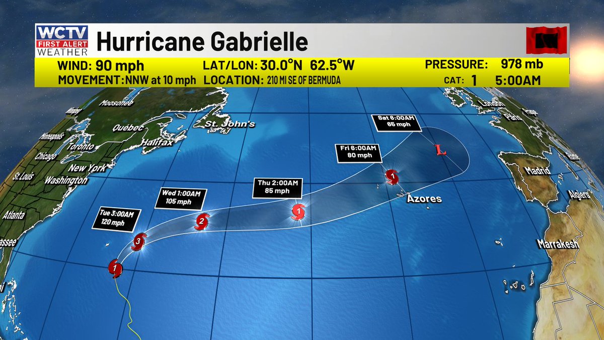 5am ADVISORY for HURRICANE GABRIELLE. The storm is getting stronger and should get much stronger over the next 24hrs as it picks up forward speed and moves more N and eventually NE. #TropicalThoughts #HurricaneSeason2025
