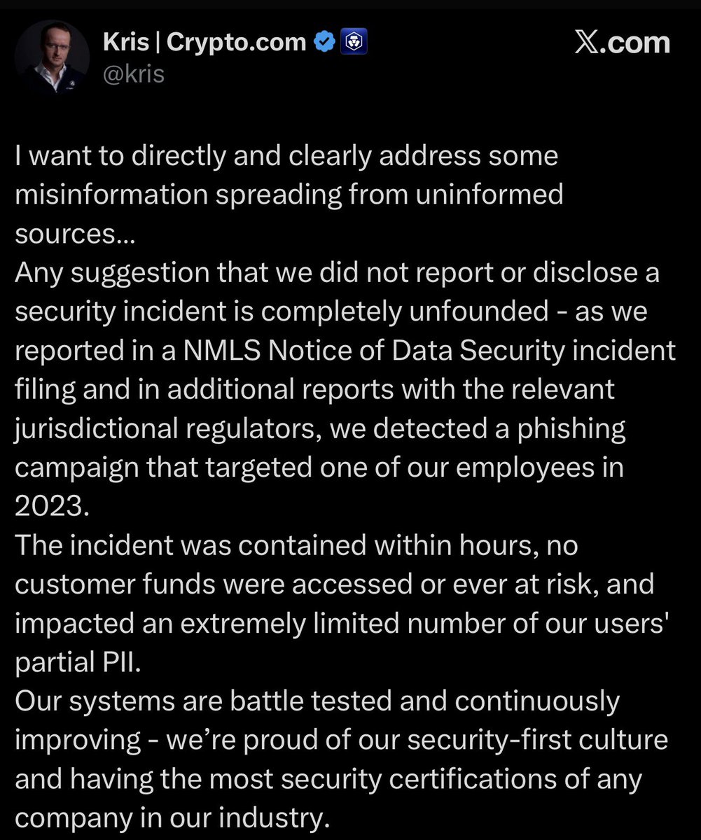 <a href="/cryptocom/">Crypto.com</a> Since the Cryptocom CEO Kris blocked me I cannot reply to his post and will just reply here. 

Should be easy for you to link the URL to where these incidents were PUBLICLY disclosed then? 

User balances, names, emails, &amp; phone numbers leaked from other incidents is a bit more