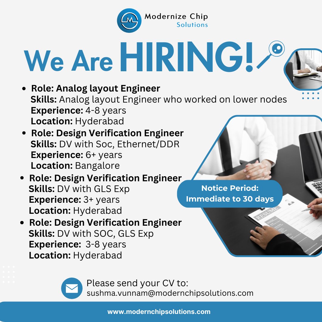 ModernizeChip's tweet image. We’re Hiring!
@ModernizeChip  is looking for talented professionals to join our team in Hyderabad &amp;amp; Bangalore.
Notice Period: Immediate to 30 days
Apply now to: sushma.vunnam@modernchipsolutions.com
#WeAreHiring #DesignVerification #AnalogLayout #SemiconductorJobs #HiringNow