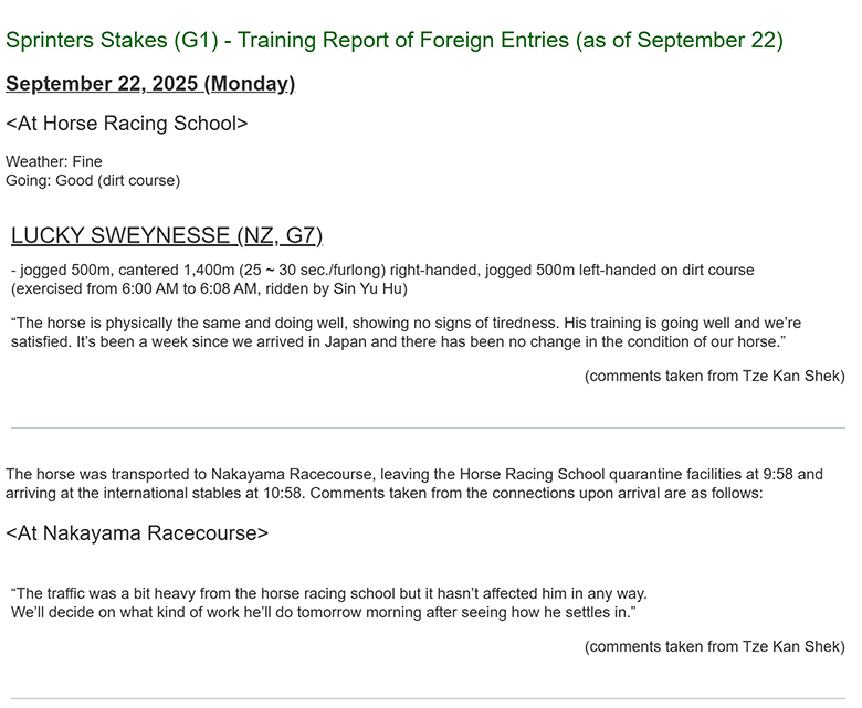 HorseRacing_JPN's tweet photo. Sprinters Stakes (G1) - Training Report of Foreign Entries (as of September 22)
Lucky Sweynesse
https://t.co/SHVtBYXYHB
#horseracing #jra #SprintersStakes @HKJC_Racing https://t.co/76BtNvNL17