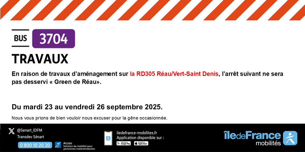 Senart_IDFM's tweet photo. 🚍🚧#infotrafic #L3704 #VertsaintDenis
⚒️En raison de travaux, l'arrêt " Green de Réau " ne sera pas desservi du mardi 23 au vendredi 26 septembre 2025.
Nous vous prions de bien vouloir nous excuser pour la gêne occasionnée. https://t.co/Ok1hRH7bJI