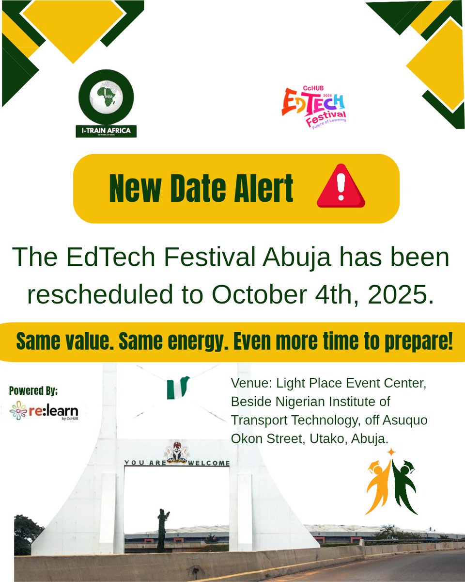 itrainafrica's tweet photo. Abuja!!! The EdTech Festival has a new date (4th, October) we move 🚀 

Join I-Train Africa as we shape the future of learning and employability.

#SkilledForWork #WorkplaceFundamentalSkillsProgram #EdTechFestival  #ITrainAfrica  #GlobalEmployabilty https://t.co/o2WTSHEZYn