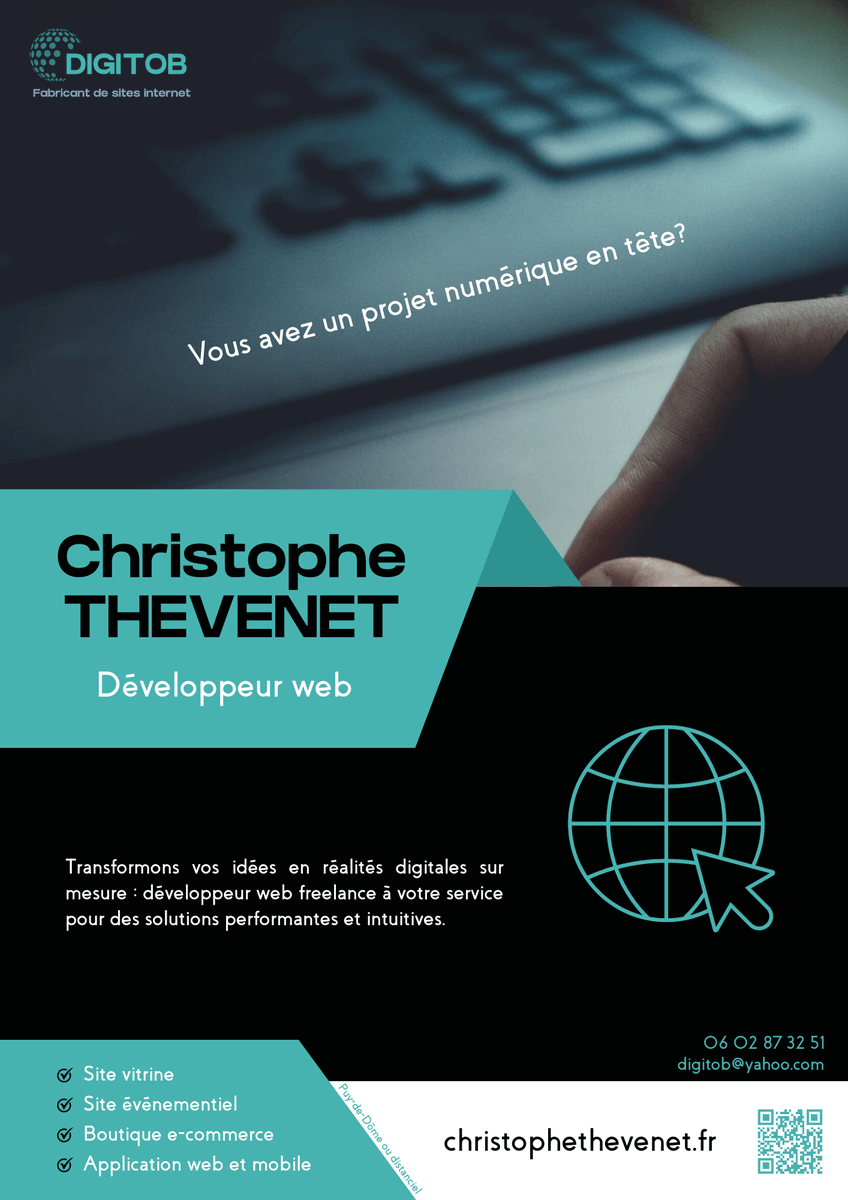 D_I_G_I_T_O_B's tweet image. Sites vitrines &amp;amp; e-commerce pour entreprises, commerçants et associations.
Solutions web sur mesure dans le cadre de missions freelance. J&apos;interviens dans le Puy-de-Dôme ou en distanciel.
#Symfony #ReactJS #WebDev #WordPress #Api #Javascript #Mvc #Poo #Sass #DéveloppeurWeb