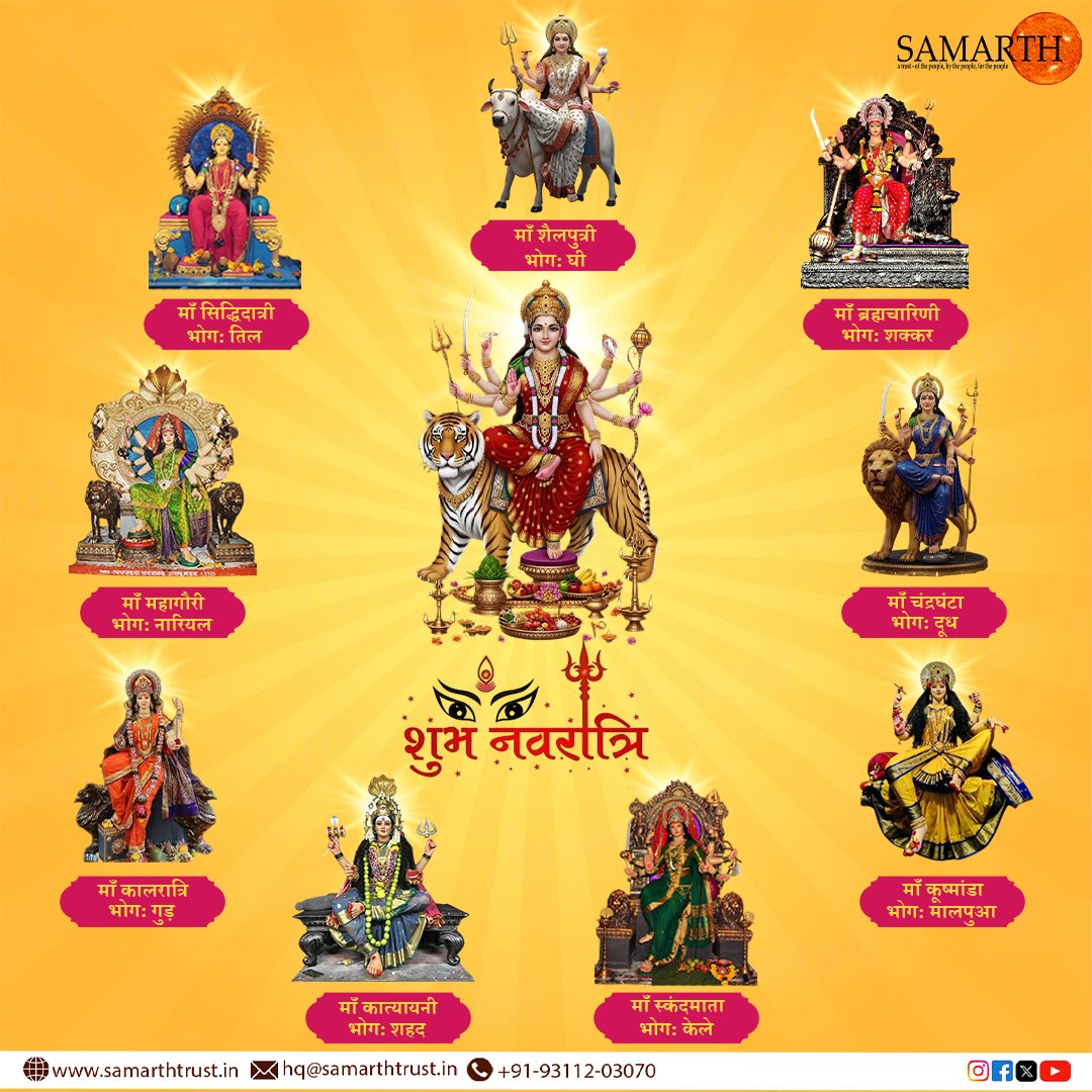 TrustSamarth's tweet photo. माँ दुर्गा के नौ दिव्य रूप हमें जीवन में साहस, शक्ति, समर्पण और सद्गुणों का मार्ग दिखाते हैं।

समर्थ परिवार की ओर से आप सभी को नवरात्रि की हार्दिक शुभकामनाएँ।

#ShubhNavratri #Samarth #MaaDurga #NavDurga #FestivalOfFaith https://t.co/GFnGzzEyve