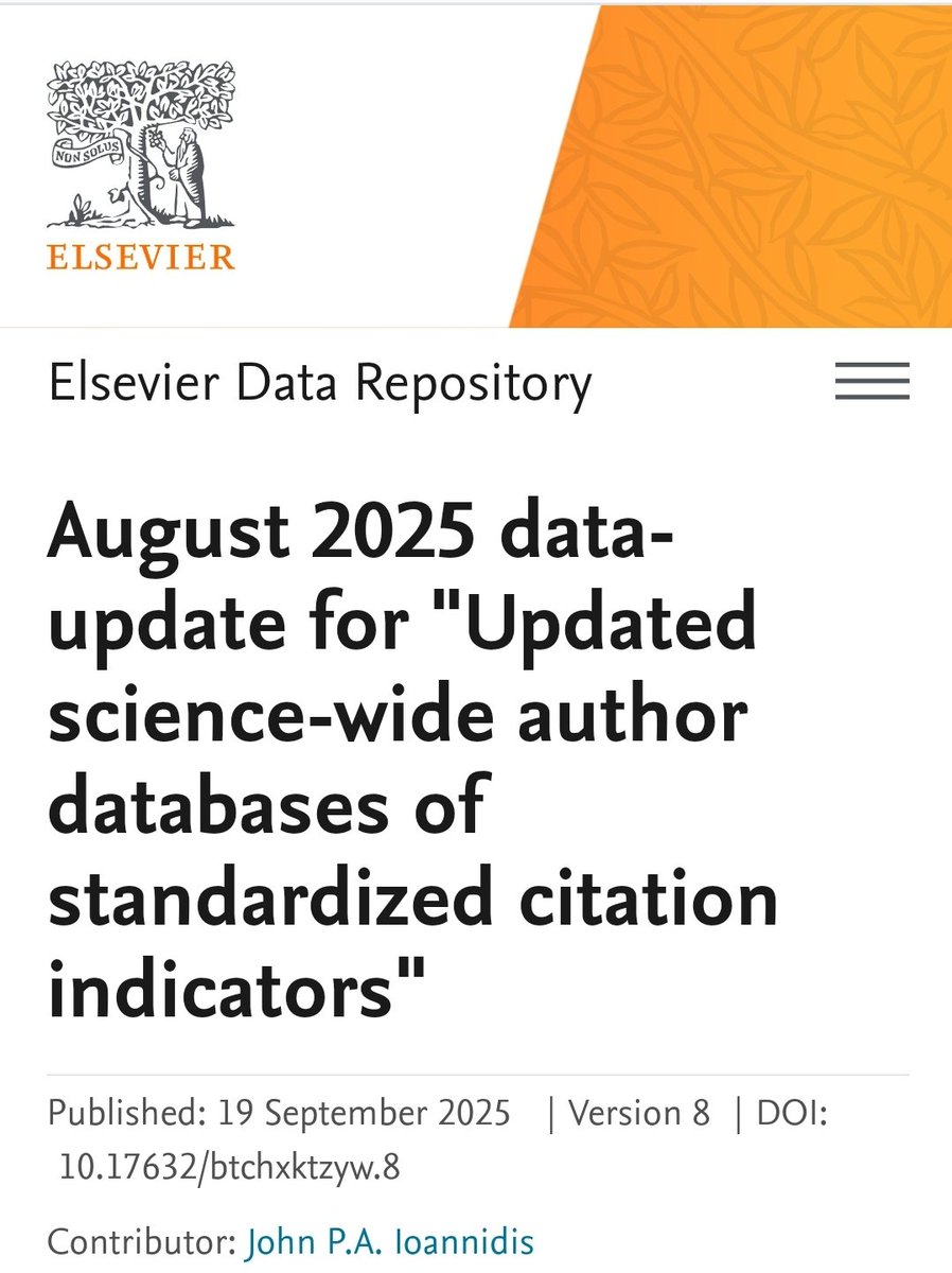 I'm delighted to be listed again among the #Top2PercentScientists (career category) in d 2025 list (6th time) compiled by a <a href="/Stanford/">Stanford University</a> team &amp; <a href="/ElsevierConnect/">Elsevier</a>, released on Sept. 19, 2025. The list is based on <a href="/Scopus/">Elsevier | Scopus</a> indexed papers, h-index, citations etc. 
elsevier.digitalcommonsdata.com/datasets/btchx…