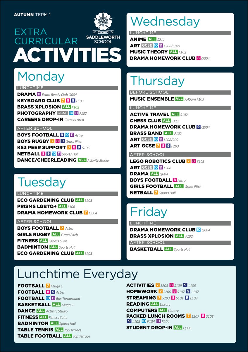 saddleworth_sch's tweet image. There's so much on offer this Autumn Term 1! Explore our exciting range of extra curricular activities – come along, join in, and learn something new! @CranmerTrust  #GetInvolved #TrySomethingNew