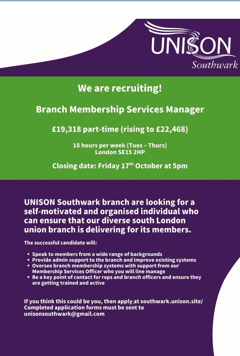 We are recruiting! We need an organised and passionate part-time Branch Membership Services Manager to oversee our branch office, acting as the first point of contact for both members and reps in a diverse London borough.  

tuc.org.uk/jobs/lese/bran…