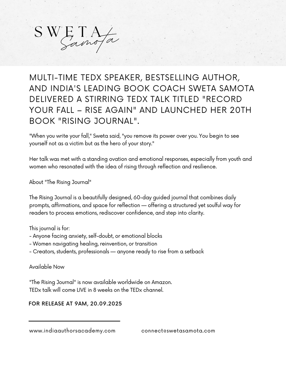 🚨 Press Release Drop!
Just gave my 5th TEDx talk: "When You Fall, Don’t Just Rise. Record." 🎤
Launched The Rising Journal too — a 60-day guide to heal, reflect &amp; rise.
Grateful. Empowered. Ready to amplify more voices. 🙏
📖 Now on Amazon.
#TEDx #SwetaSamota #TheRisingJournal
