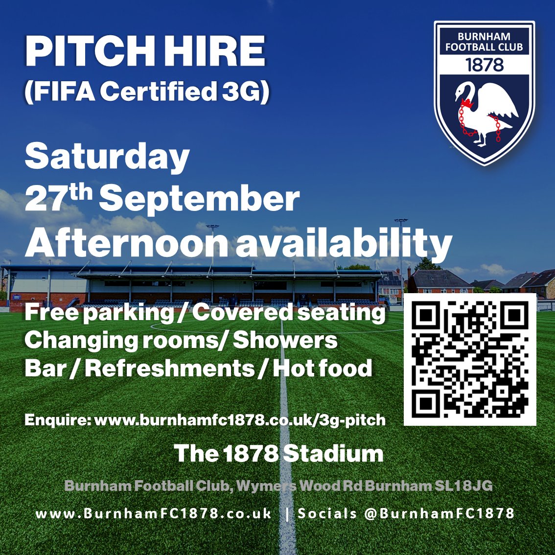 BurnhamFC1878's tweet image. Pitch available for hire on Saturday 27th September (PM). Contact for pricing and to book
burnhamfc1878.co.uk/3g-pitch 

@ComCoFL @ThamesValleyPL @Wycombe_GC #3gpitchhire #nonleague @BerksandBucksFA @fiberkshire @Darlington10 @ACYFL_Official  @James_BFP #pitchhire #3GPitch #Burnham