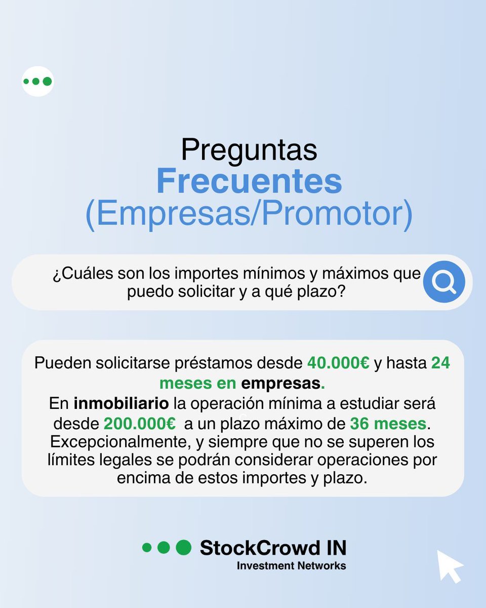 💡 Si soy promotor o empresa, ¿qué importes puedo solicitar y a qué plazo?

🏢 Empresas: préstamos desde 40.000 € y hasta 24 meses.
🏘️ Inmobiliario: operaciones desde 200.000 €, con un plazo máximo de 36 meses.

Consulta con nosotros:
👉 buff.ly/kiuXUAd