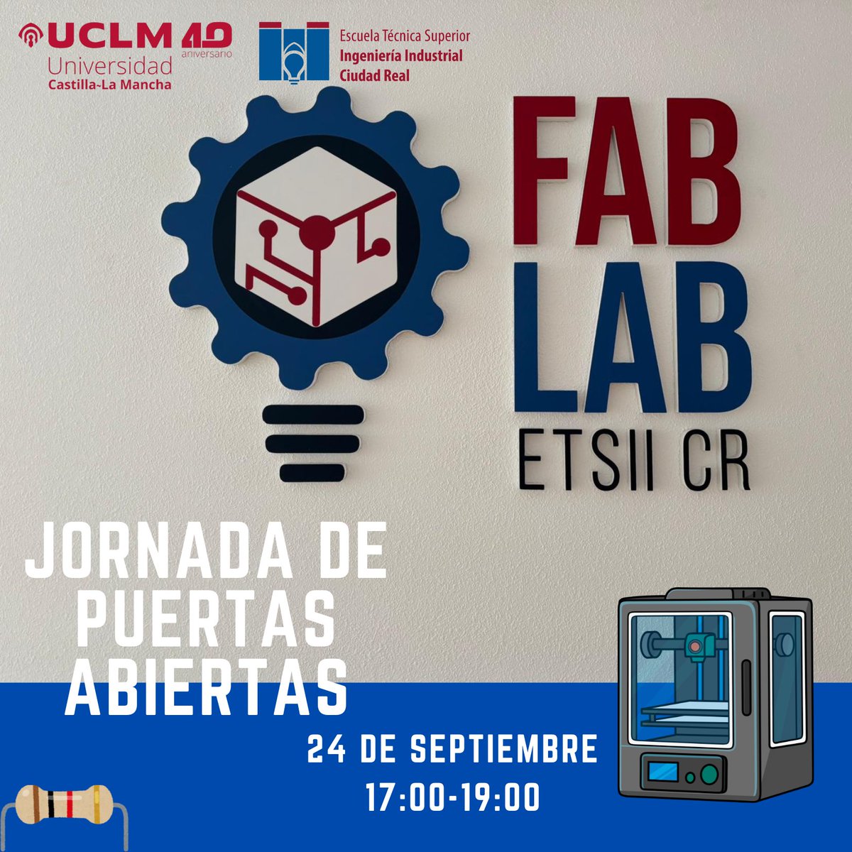 IndustrialesCR's tweet image. 🔧✨ ¿Quieres descubrir cómo funciona un FabLab?
El próximo 24 de septiembre abrimos las puertas de nuestro FabLab ETSII Ciudad Real.
⏰De 17:00 a 19:00
📍Edificio Politénico
¡Acércate y conoce las tecnologías que tenemos a tu disposición!
@uclm_es #ETSIICR #FabLab #Industriales