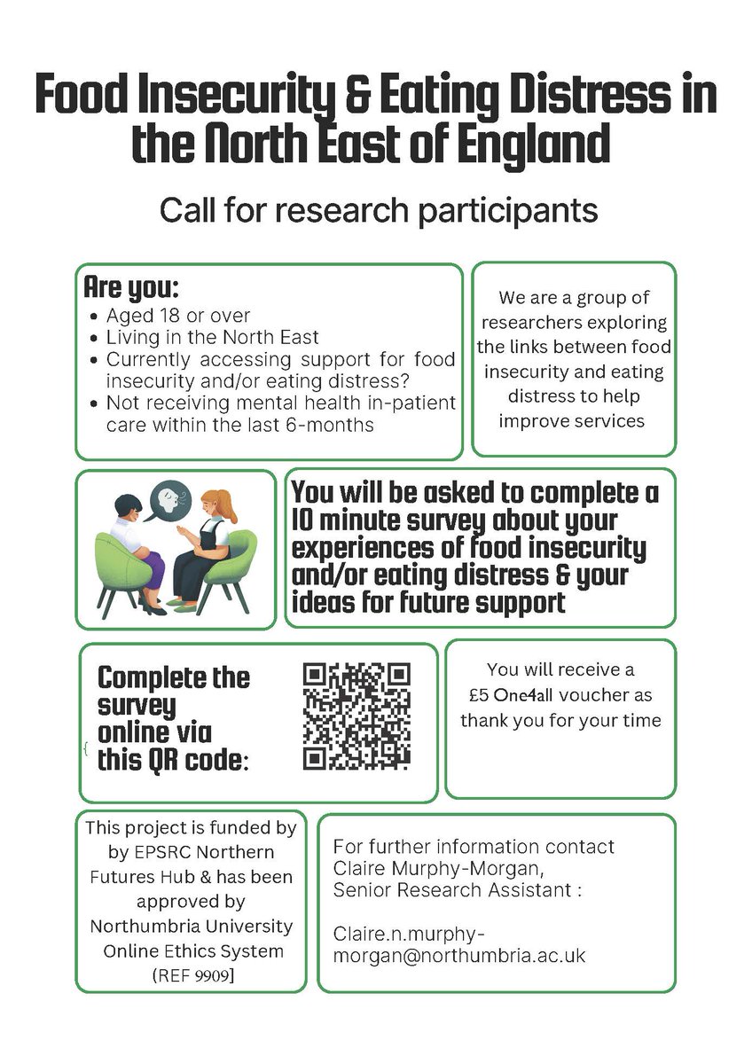 RHEDC_Project's tweet image. Do you live in the North East of England? Have you experienced food insecurity and/or eating distress? Would you have 10mins to complete our anonymous survey? This research is looking at exploring the links between the two to help improve services.