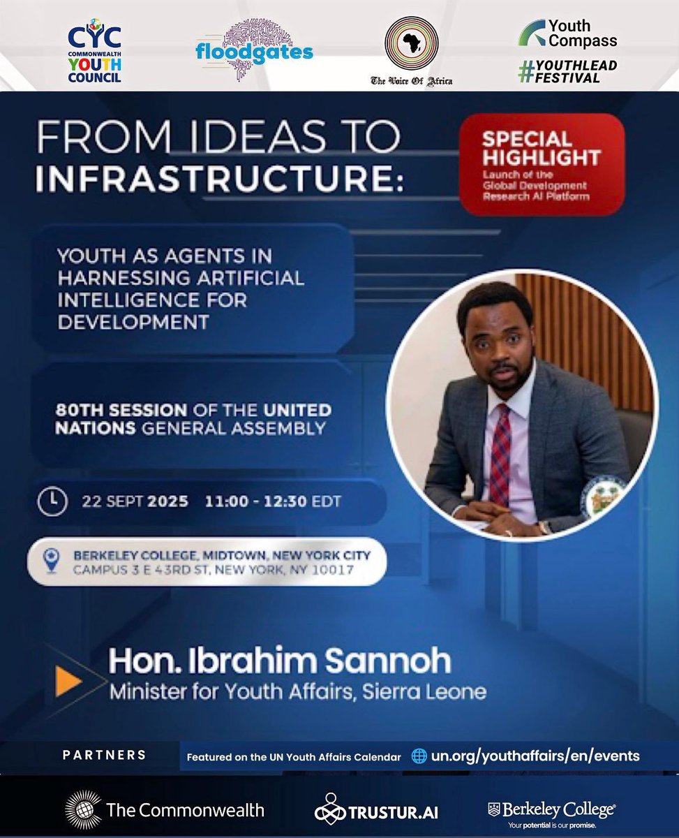 _cycofficial's tweet photo. At 11:00 AM (EDT) today, we will host a session on the theme βFrom Ideas to Infrastructure, Youth as agents in harnessing artificial intelligence for developmentβ on the margins of the 80th Session of the United Nations General Assembly in New York.
#YouthLead
#GetYouthInvolved https://t.co/VjcyK7LrPb