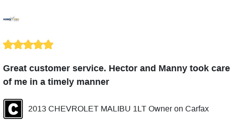 HawkChevyJoliet's tweet image. We just received a great review on Carfax. Thank you 2013 CHEVROLET MALIBU 1LT Owner!