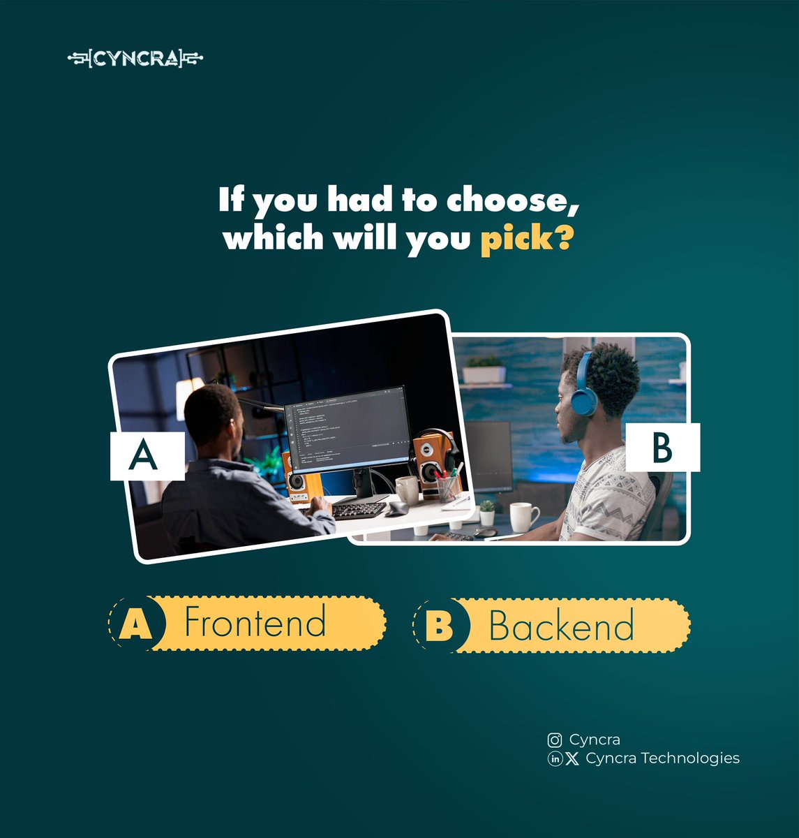 CyncraTech's tweet image. In the world of tech, every role has its magic!
If you had to choose, would you bring ideas to life on the Frontend or build the powerhouse behind the scenes on the Backend ?
Drop your pick in the comments ⬇️
#CyncraTech #TechTalk #FrontendVsBackend #DevelopersChoice