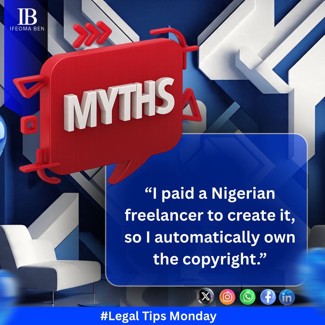 Ifeoma_Ben's tweet photo. Ownership is not automatic; it must be contractual. Always protect yourself with a written agreement before work begins that clearly includes a copyright assignment.

#LegalTipMonday #IfeomaBen #NigerianCopyright #IntellectualPropertyNG #NigerianCreatives #ContentCreatorNG #Naija https://t.co/1XPPk4BYbu