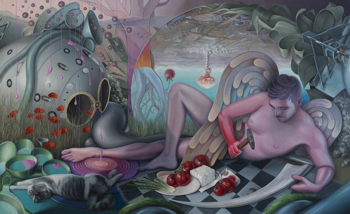 Purgatory Glitch, 2023, 
oil on linen, 140x80cm
“Death, destroyer of words, in preparation.”

A painting that I wanted to be a part of a triptych, together with Hellish and Heavenly Glitch, but ended up to being alone. Now in my possession, a constant reminder of my nipples.