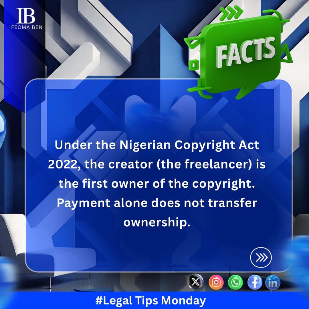 Ifeoma_Ben's tweet photo. Ownership is not automatic; it must be contractual. Always protect yourself with a written agreement before work begins that clearly includes a copyright assignment.

#LegalTipMonday #IfeomaBen #NigerianCopyright #IntellectualPropertyNG #NigerianCreatives #ContentCreatorNG #Naija https://t.co/1XPPk4BYbu