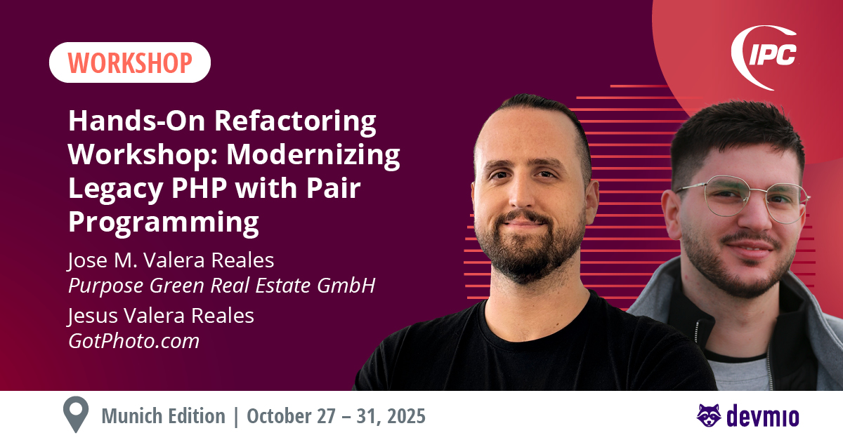 phpconference's tweet image. โป๏ธ Got legacy PHP? Time to modernize!
Join the Hands-On Refactoring Workshop at #IPC Munich (Oct 27โ31).
๐จโ๐ป Jose M. Valera Reales
๐จโ๐ป Jesus Valera Reales
๐ phpconference.com/php-core-codinโฆ
#PHP #Refactoring #CleanCode