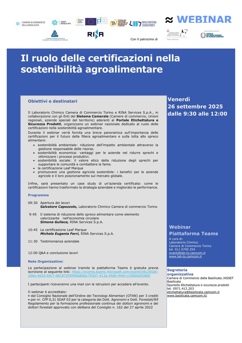 Asset Basilicata (@assetbasilicata) on Twitter photo 🌍 #Webinar nazionale su certificazioni e #sostenibilità agroalimentare promosso da <a href="/CamComBas/">CamCom Basilicata</a> con Laboratorio Chimico Torino & RINA.
🎯 Temi: ambiente, economia, sociale, certificazione Leaf Marque + case study aziendali.
✍️ Gratis su Teams
ISCRIZIONI: events.teams.microsoft.com/.../d4c255d6-2…... 🌍 #Webinar nazionale su certificazioni e #sostenibilità agroalimentare promosso da <a href="/CamComBas/">CamCom Basilicata</a> con Laboratorio Chimico Torino & RINA.
🎯 Temi: ambiente, economia, sociale, certificazione Leaf Marque + case study aziendali.
✍️ Gratis su Teams
ISCRIZIONI: events.teams.microsoft.com/.../d4c255d6-2…...