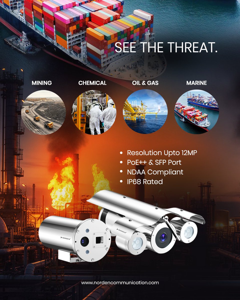 NordenGlobal's tweet photo. What’s the toughest environment for your security system?
Norden Explosion-Proof Cameras thrive in extremes certified ATEX, IECEx & PESO, built with stainless steel, delivering unmatched clarity.
Stay updated https://t.co/buT32XlseW
#ExplosionProof #ATEX https://t.co/YaVDNLExsD
