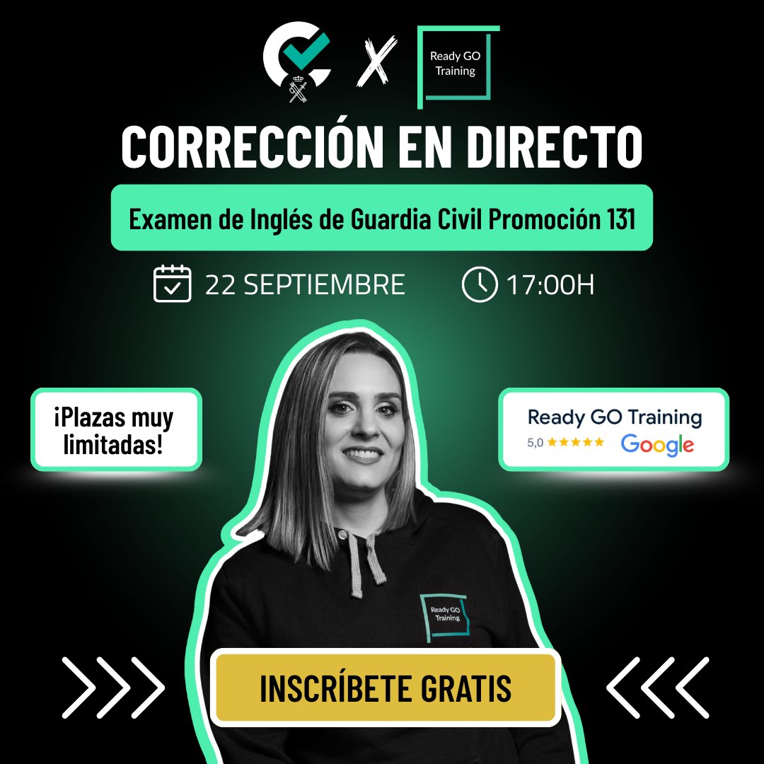 InnoTestES's tweet image. Hoy a las 17:00h tienes una sesión GRATIS con Ready GO e InnoTest:

✅ Corrección en directo del examen oficial de inglés
✅ Estrategias y trucos con la profe Vero
🎁 Sorteo de 3 mensualidades

👉 Conéctate aquí: promo.readygotraining.com/correccion-exa…

#oposiciones #GuardiaCivil #innotest