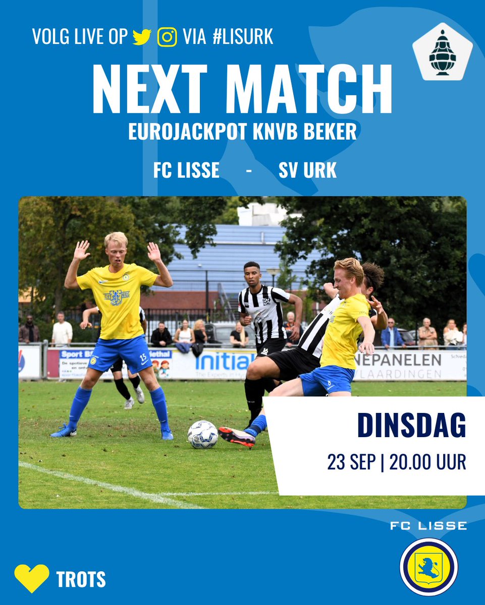 FC Lisse (@fclisse) on Twitter photo 🏆 KNVB BEKER | Dinsdagavond speelt onze hoofdmacht tegen <a href="/SVURK/">Sportvereniging Urk</a> in de 2e kwalificatieronde van de Eurojackpot KNVB Beker. Met als inzet deelname aan het 🏆hoofdtoernooi🏆 #kokertje
Aftrap 20.00u, entree gratis 🟡🏆🔵
Voorbeschouwing
👇🏻
fclisse.nl/voorbeschouwin… 🏆 KNVB BEKER | Dinsdagavond speelt onze hoofdmacht tegen <a href="/SVURK/">Sportvereniging Urk</a> in de 2e kwalificatieronde van de Eurojackpot KNVB Beker. Met als inzet deelname aan het 🏆hoofdtoernooi🏆 #kokertje
Aftrap 20.00u, entree gratis 🟡🏆🔵
Voorbeschouwing
👇🏻
fclisse.nl/voorbeschouwin…