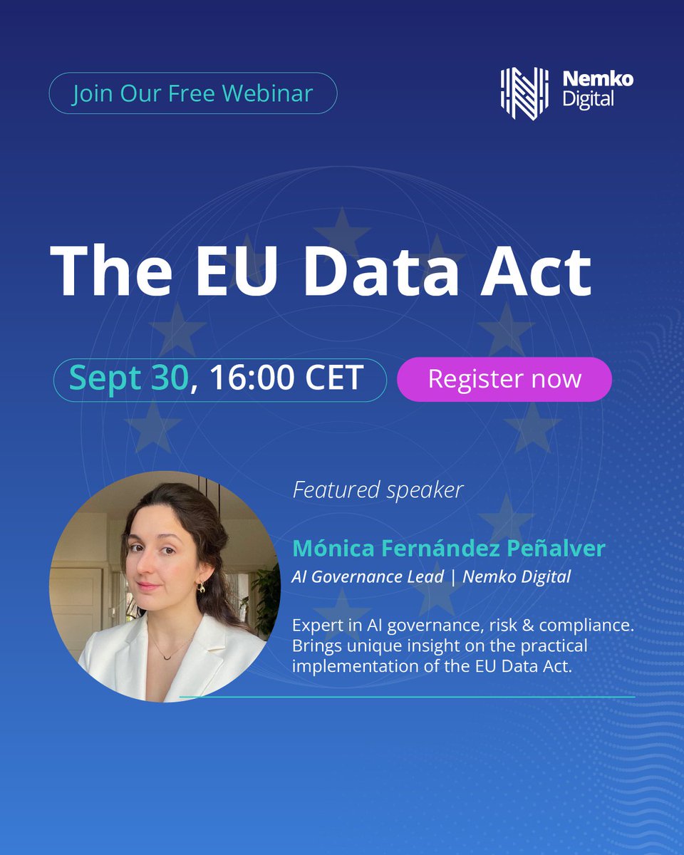 DigitalNemko's tweet image. 🎤 EU regulation expert Mónica Fernández Peñalver will break down how IoT firms can translate the EU Data Act into operational steps.

Don’t miss her insights on Sept 30.
Register now → digital.nemko.com/eu-data-act-we…

#EUDataAct #IoT